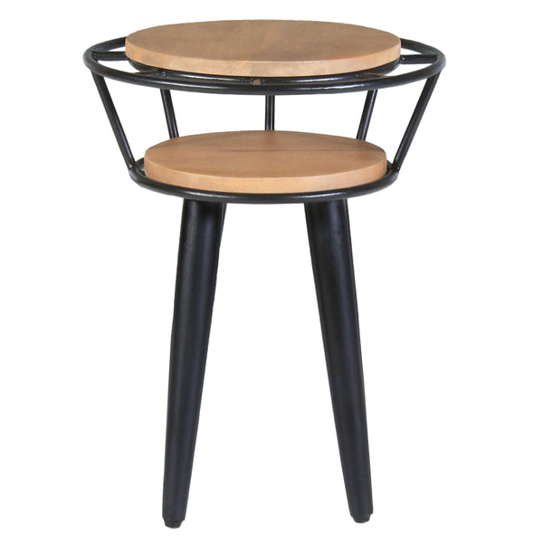 20 Inch Handcrafted Industrial End Table, 2 Tier Round Wood Shelves, Metal Frame, Oak Brown and Black image