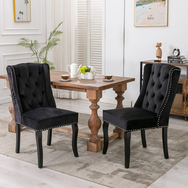 Wingback Dining Chair，Traditional Tufted Upholstered  America Luxury Chairs， Country Cottage Farm Beach Dining Kitchen Vintage Style Side Chair, Velvet Fabric Wood, Set of 2，Black image
