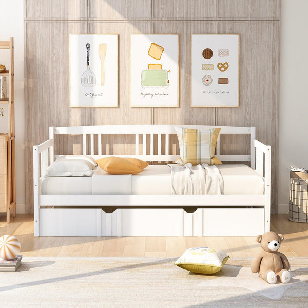 Twin Size Daybed Wood Bed with Twin Size Trundle,White image