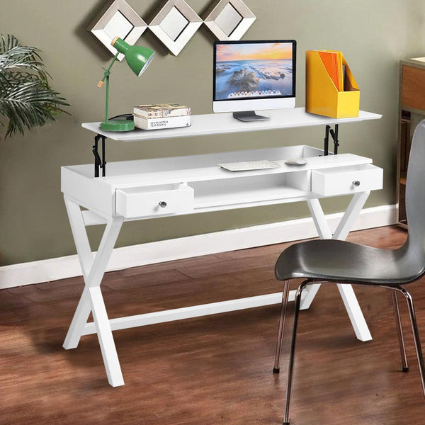 Lift Desk with 2 DrawerStorage, Computer Desk with Lift Table Top, Adjustable Height Table for Home Office, Living Room,white image