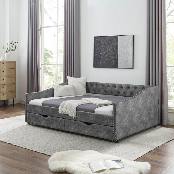 Full Size Daybed with Drawers Upholstered Tufted Sofa Bed, with Button on Back and Copper Nail on Waved Shape Arms，Grey（80.5“x55.5”x27.5“） image