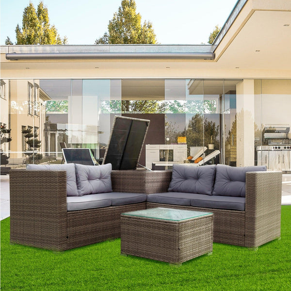 4 Piece Patio Sectional Wicker Rattan Outdoor Furniture Sofa Set withStorage Box Grey image