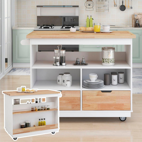 Kitchen Cart Rolling Mobile Kitchen Island Solid Wood Top, Kitchen Cart With 2 Drawers,Tableware Cabinet（White） image
