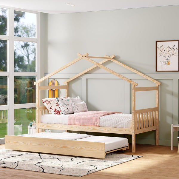 Twin Size Wooden House Bed with Twin Size Trundle, Natural image