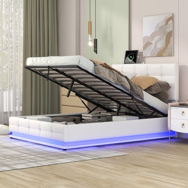 Full Size Tufted Upholstered Platform Bed with HydraulicStorage System,PUStorage Bed with LED Lights and USB charger, White image