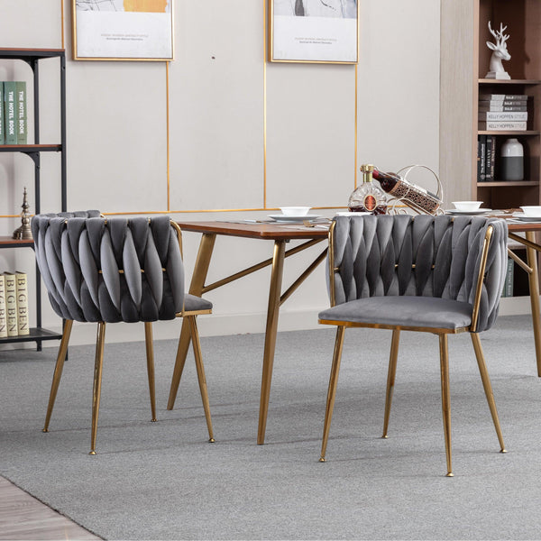 Modern Design Golden Metal Frame Velvet Fabric Dining Chair with Golden Legs,Set of 2,Grey image