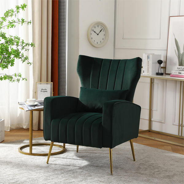Velvet Accent Chair,Modern Living Room Armchair Comfy Upholstered Single Sofa Chair for Bedroom Dorms Reading Reception Room with Gold Legs & Small Pillow, Dark Green image