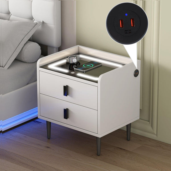 Nightstand with Wireless Charging Station,USB Charging and Adjustable LED Lights,Modern End Table with 2 Drawers for Bedroom,White image