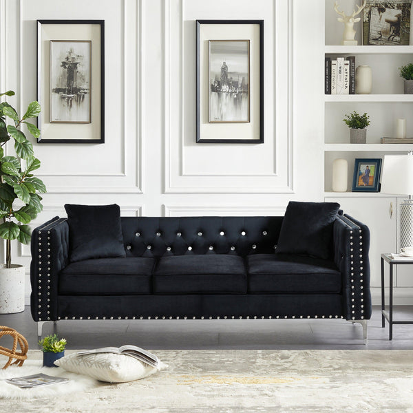 82.3" WidthModern Velvet Sofa Jeweled Buttons Tufted Square Arm Couch Black,2 Pillows Included image