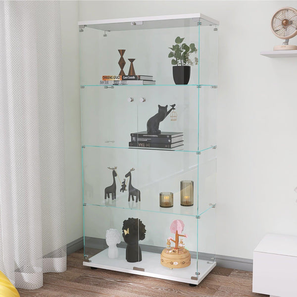 Two-door Glass Display Cabinet 4 Shelves with Door, Floor Standing Curio Bookshelf for Living Room Bedroom Office, 64.56” x 31.69”x 14.37”, White image