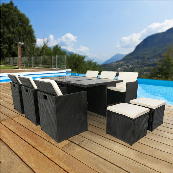 11 Pieces Patio Dining Sets Outdoor Space Saving Rattan Chairs with Glass Table Patio Furniture Sets Cushioned Seating and Back Sectional Conversation Set Black image