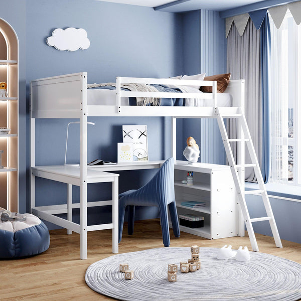 Full size Loft Bed with Shelves and Desk, Wooden Loft Bed with Desk - White image