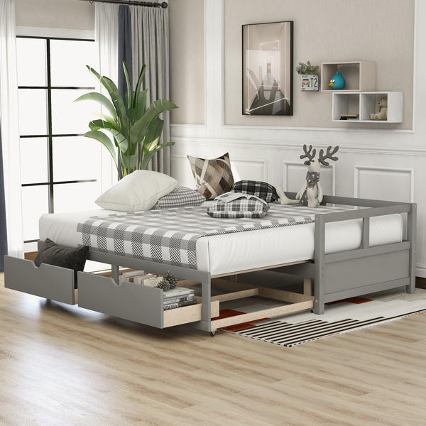 Wooden Daybed with Trundle Bed and TwoStorage Drawers , Extendable Bed Daybed,Sofa Bed for Bedroom Living Room, Gray image