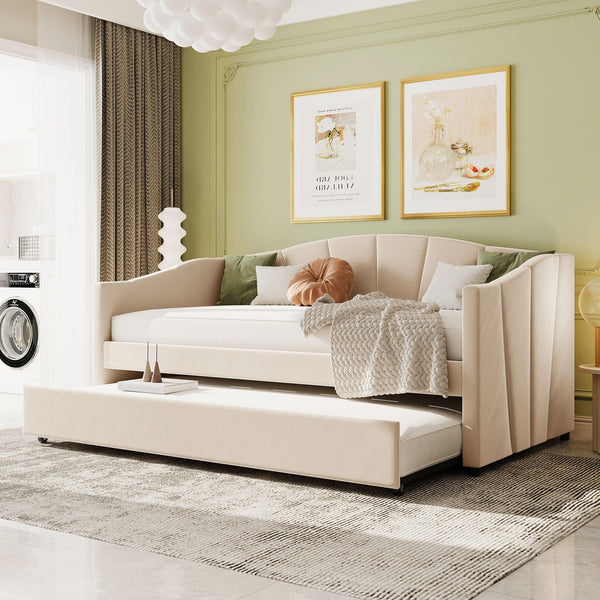 Upholstered Daybed Sofa Bed Twin Size With Trundle Bed and Wood Slat ,Beige image