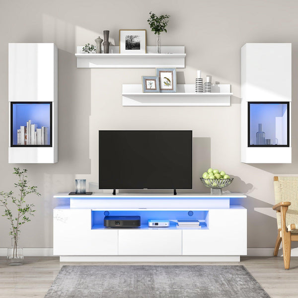 Stylish Functional TV stand, 5 Pieces Floating TV Stand Set, High Gloss Wall Mounted Entertainment Center with 16-color LED Light Strips for 75+ inch TV, White image