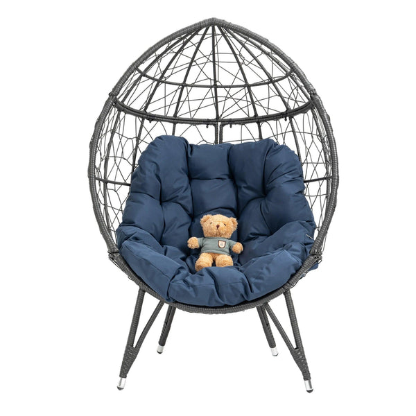 Outdoor Patio Wicker Egg Chair Indoor Basket Wicker Chair with Navy Cusion for Backyard Poolside image