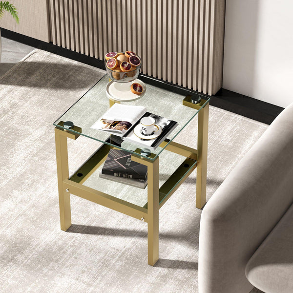 Clear Glass Side & End Table with Gold Legs; Tempered Glass Night Stand Corner Table image