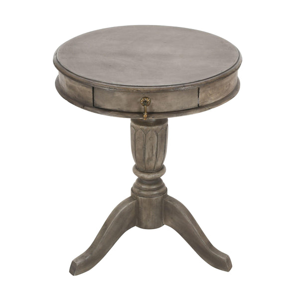 21 Inch Handcrafted ManWood Side Table with Drawer, Classic Pedestal Base and Round Top, Rustic Gray image