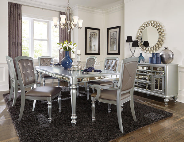 Glamorous Silver Finish Dining Set 7pc Dining Table 2x Armchairs 4x Side Chairs Crystal Button Tufted UpholsteredModern Style Furniture image