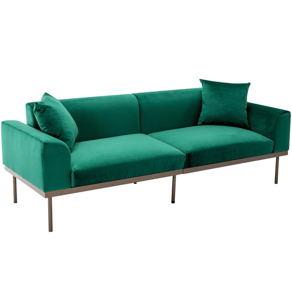 Modern Velvet Sofa with Metal Legs,Loveseat Sofa Couch with Two Pillows for Living Room and Bedroom, Green image