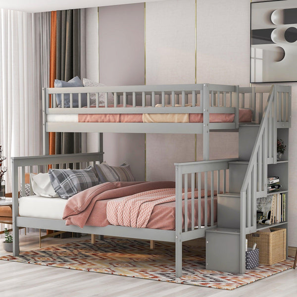 Twin over Full Stairway Bunk Bed withStorage, Gray image