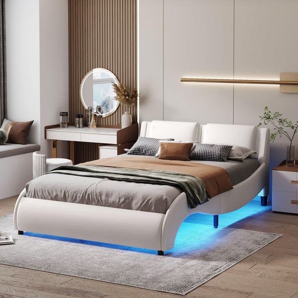 Full Size Upholstered Faux Leather Platform Bed with LED Light Bed Frame with Slatted - White image