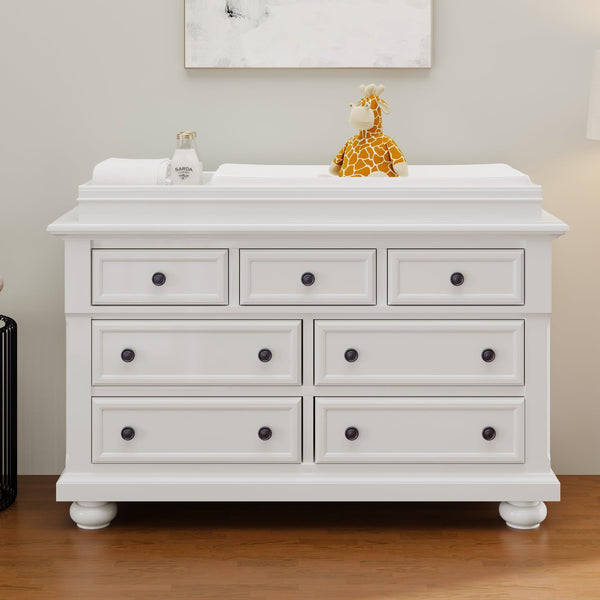 Solid Wood Seven-Drawer Dresser with Changing Topper for Nursery, Kid’s Room, Bedroom, White image