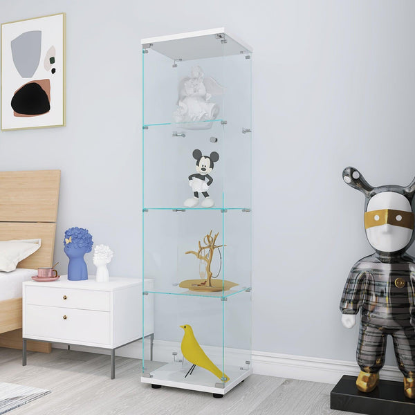 Glass Display Cabinet 4 Shelves with Door, Floor Standing Curio Bookshelf for Living Room Bedroom Office, 64.56” x 16.73”x 14.37”, White image