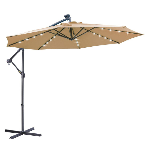 10 FT Solar LED Patio Outdoor Umbrella Hanging Cantilever Umbrella Offset Umbrella Easy Open Adustment with 32 LED Lights -taupe image