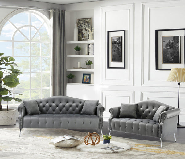 Classic Chesterfield Velvet Sofa Loveseat Contemporary Upholstered Couch Button Tufted Nailhead Trimming Curved Backrest Rolled Arms with Silver Metal Legs Living Room Set,4 Pillows Included,Grey image