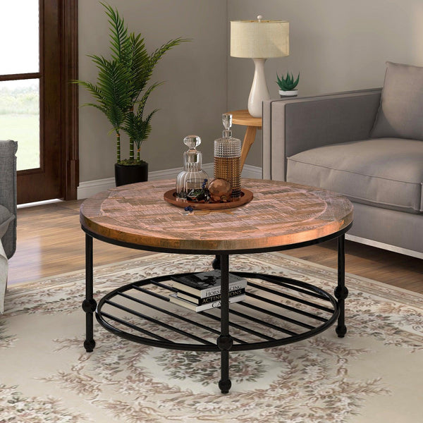 Rustic Natural Round Coffee Table withStorage Shelf for Living Room, Easy Assembly  (Round) image