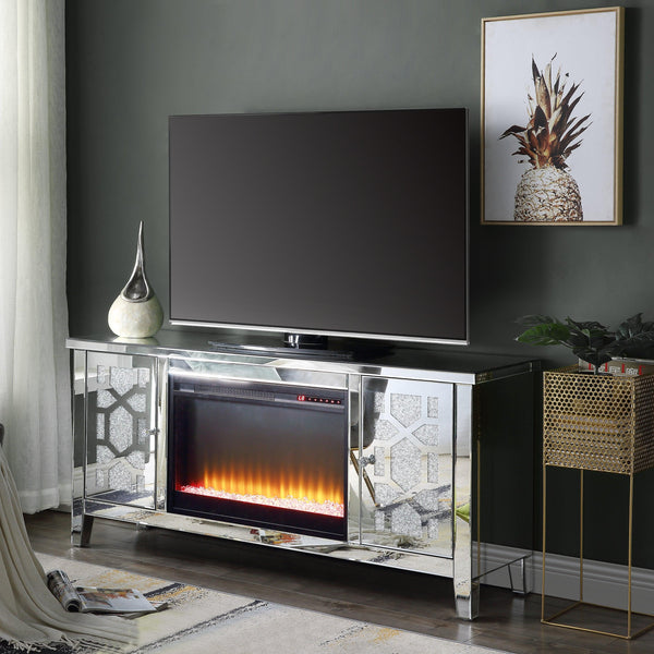 ACME Noralie TV STAND W/FIREPLACE Mirrored & Faux Diamonds LV00312 image