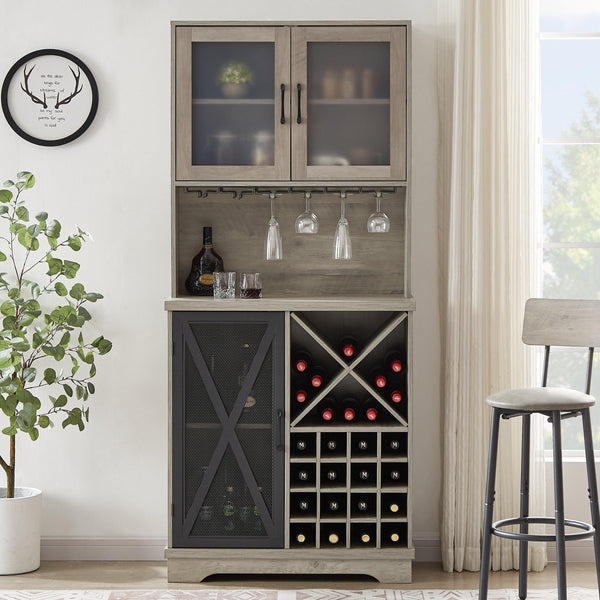 Farmhouse Wine Cabinet , Large Capacity Kitchen SideboardStorage Cabinet With Wine Rack And Glass Holder, Adjustable Shelf And 16 Square Compartments (Gray, 31.50" W*13.4" D*71.06"H) image