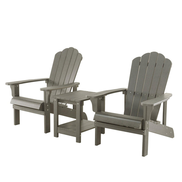 Key West 3 Piece Outdoor Patio All-Weather Plastic Wood Adirondack Bistro Set, 2 Adirondack chairs, and 1 small, side, end table set for Deck, Backyards, Garden, Lawns, Poolside, and Beaches, Grey image