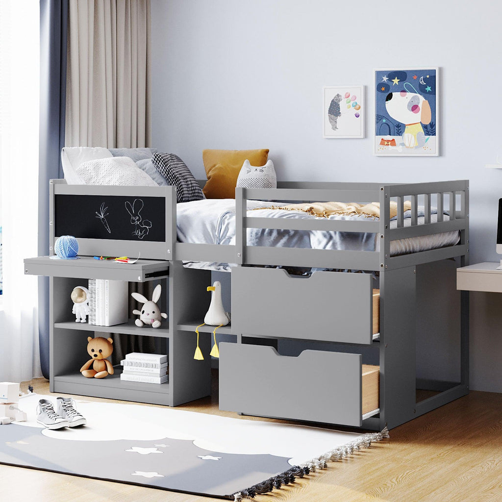 Twin Size Low Loft Bed with Rolling Desk Shelf and Drawers Gray Urban Living Furniture Los Angeles CA