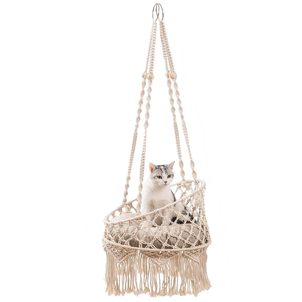 Macrame Cat Hammock, Hanging Cat Bed Hammock Cat Swing for Indoor Cats, Boho Cat Swing Bed for Sleeping image
