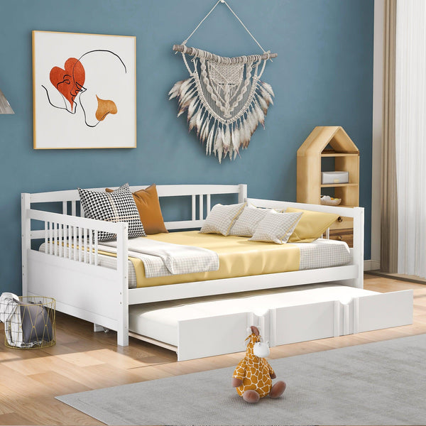 Full Size Daybed Wood Bed with Twin Size Trundle,White image