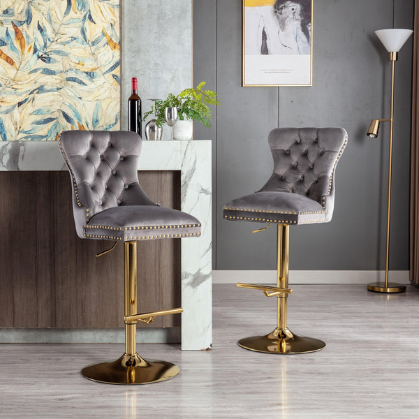 Swivel Bar Stools Chair Set of 2Modern Adjustable Counter Height Bar Stools, Velvet Upholstered Stool with Tufted High Back & Ring Pull for Kitchen , Chrome Golden Base, Grey image