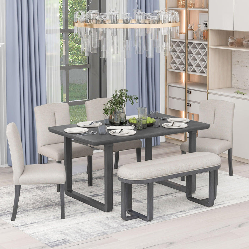 6-Piece Retro-Style Dining Set Includes Dining Table, 4 Upholstered Chairs & Bench with Foam-covered Seat Backs&Cushions for Dining Room (Gray+Beige) image