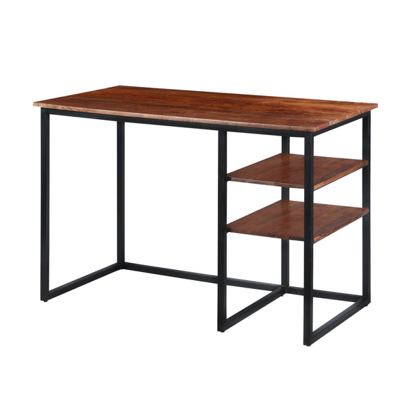 45 Inch Tubular Metal Frame Desk with Wooden Top and 2 Side Shelves, Brown and Black image