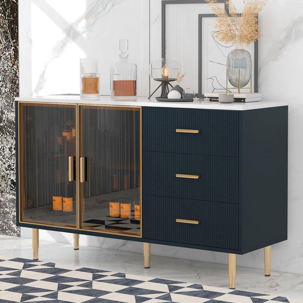 Modern Sideboard MDF Buffet Cabinet Marble Sticker Tabletop and Amber-yellow Tempered Glass Doors with Gold Metal Legs & Handles (Navy Blue) image