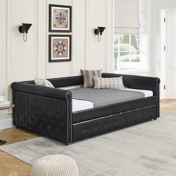 Daybed with Trundle Upholstered Tufted Sofa Bed, with Button and Copper Nail on Arms，Full Daybed & Twin Trundle, PU Black（85.5“x57”x30.5“） image