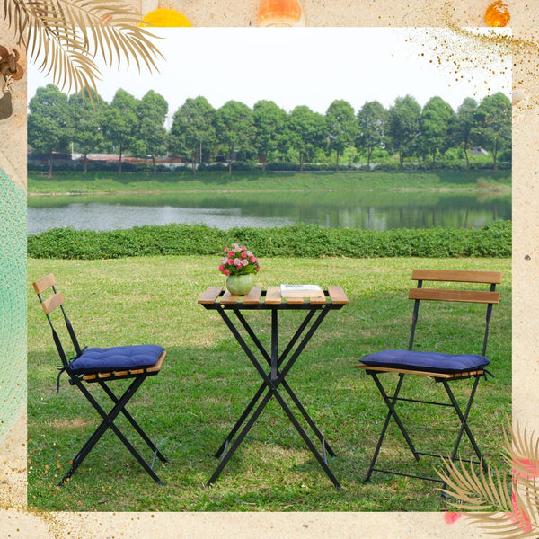 Solid Teak Wood Bistro Set Folding Table And Chair Set Power Coating Frame Patio Set With Waterproof Navy Cushion image