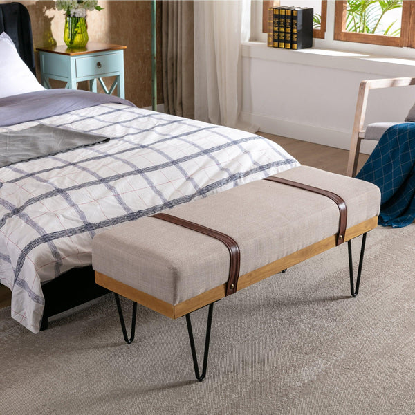 Linen Fabric soft cushion Upholstered solid wood frame Rectangle bed bench with powder coating metal legs ,Entryway footstool image
