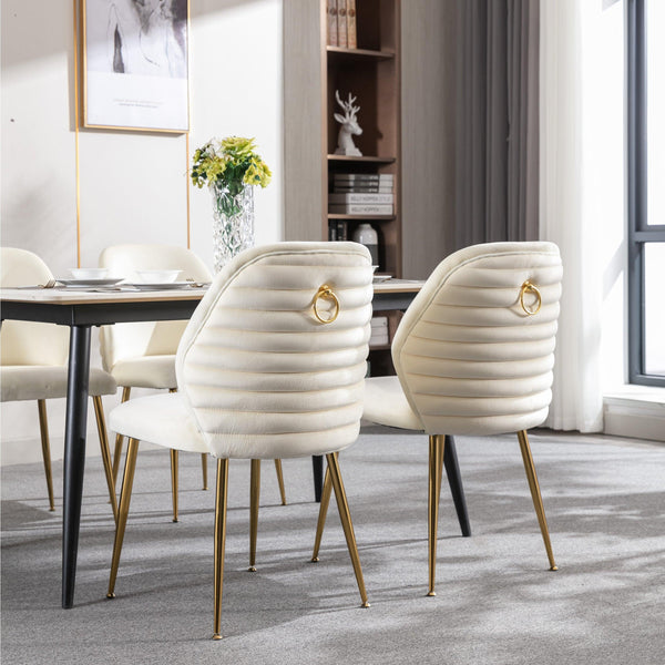 Modern Dining Chair Set of 2, Woven Velvet Upholstered Side Chairs with Barrel Backrest and Gold Metal Legs, Accent Chairs for Living Room Bedroom,Cream image