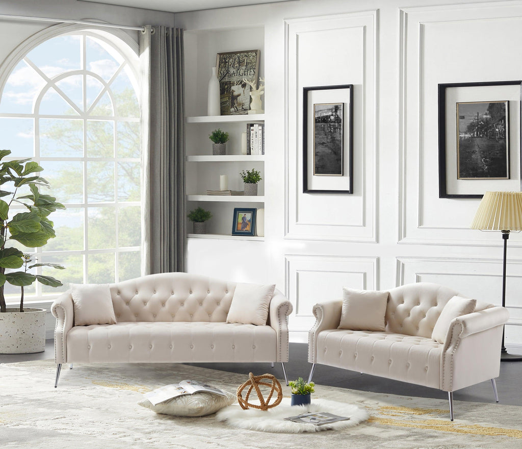 Classic Chesterfield Velvet Sofa Loveseat Contemporary Upholstered Couch Button Tufted Nailhead Trimming Curved Backrest Rolled Arms with Silver Metal Legs Living Room Set 4 Pillows Included Beige Urb...