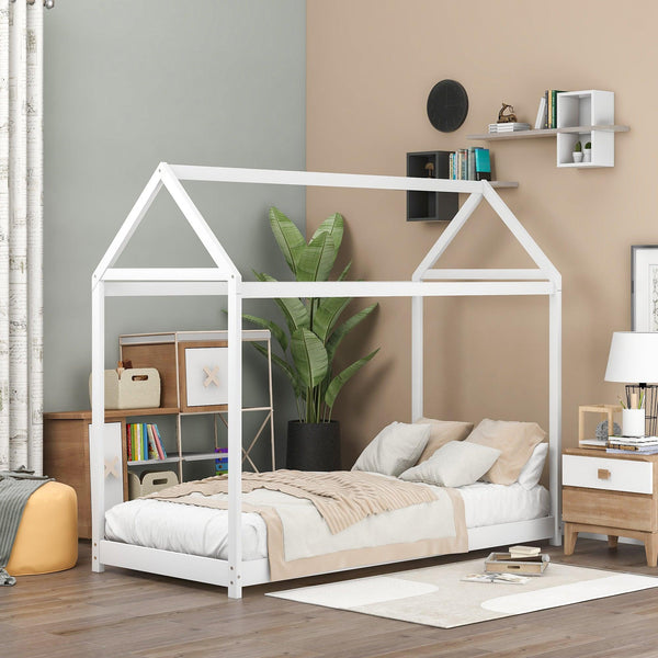 Twin Size Wooden House Bed, White image