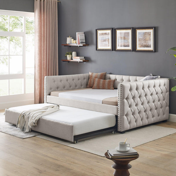 Daybed with Trundle Upholstered Tufted Sofa Bed, with Button and Copper Nail on Square Arms，Full Daybed & Twin Trundle, Beige（85“x57”x31.5“） image