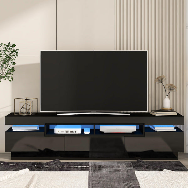 TV Stand with 4 Open Shelves,Modern High Gloss Entertainment Center for 75 Inch TV, Universal TVStorage Cabinet with 16-color RGB LED Color Changing Lights, Black image