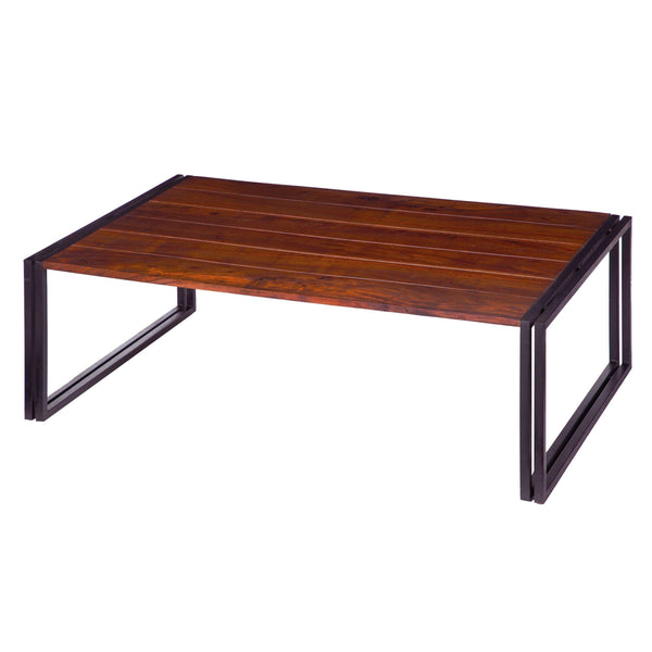 48 Inch Wooden Coffee Table with Double Metal Sled Base, Brown and Black image